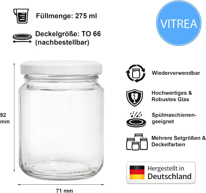 Vitrea 25x Marmeladengläser 275 ml - mit Deckel Weiss TO 66 - Einmachgläser zum befüllen mit Schraub