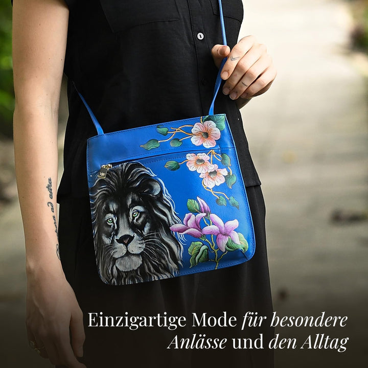Anuschka Damen Cross Body aus Leder, handbemalt, Sapphire King