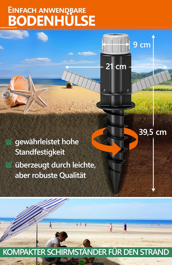 4smile Sonnenschirm Strand SunnyJoy 3-IN-1-SET, Fb. Blau-Weiss - Strandschirm Ø 180 cm + Bodenhülse