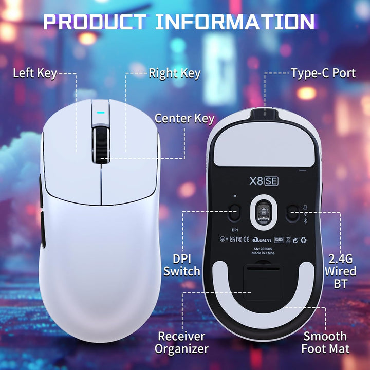 MAMBASNAKE X ATTACK SHARK X8SE 55g ultraleichte kabellose Gaming Maus–bis zu 25000 DPI,PixArt PAW331