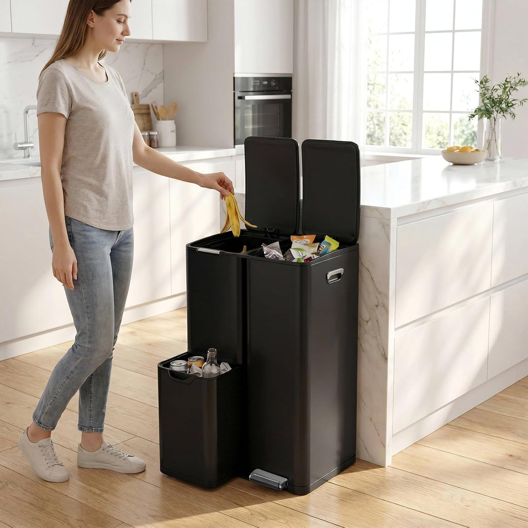 LIFERUN Mülleimer 3 Fächer, 60L Mülltrennsystem (30 + 17 + 13 L) mit Softclose Deckel, Abfalleimer K