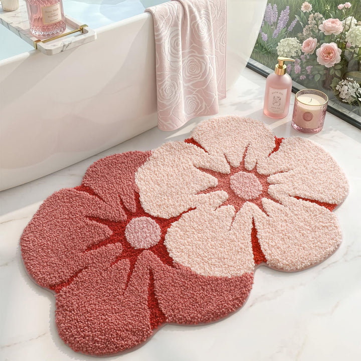 DEXI Badezimmerteppich 60 x 90 cm, Badematte rutschfest Absorbierende mit Blumenmuster, Blumenförmig