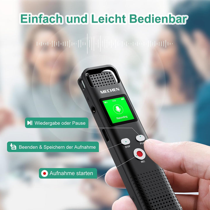 MECHEN V02 Diktiergerät 128GB, 1536kbps Digitales Aufnahmegerät mit One-Touch Aufnahme & Rauschunter