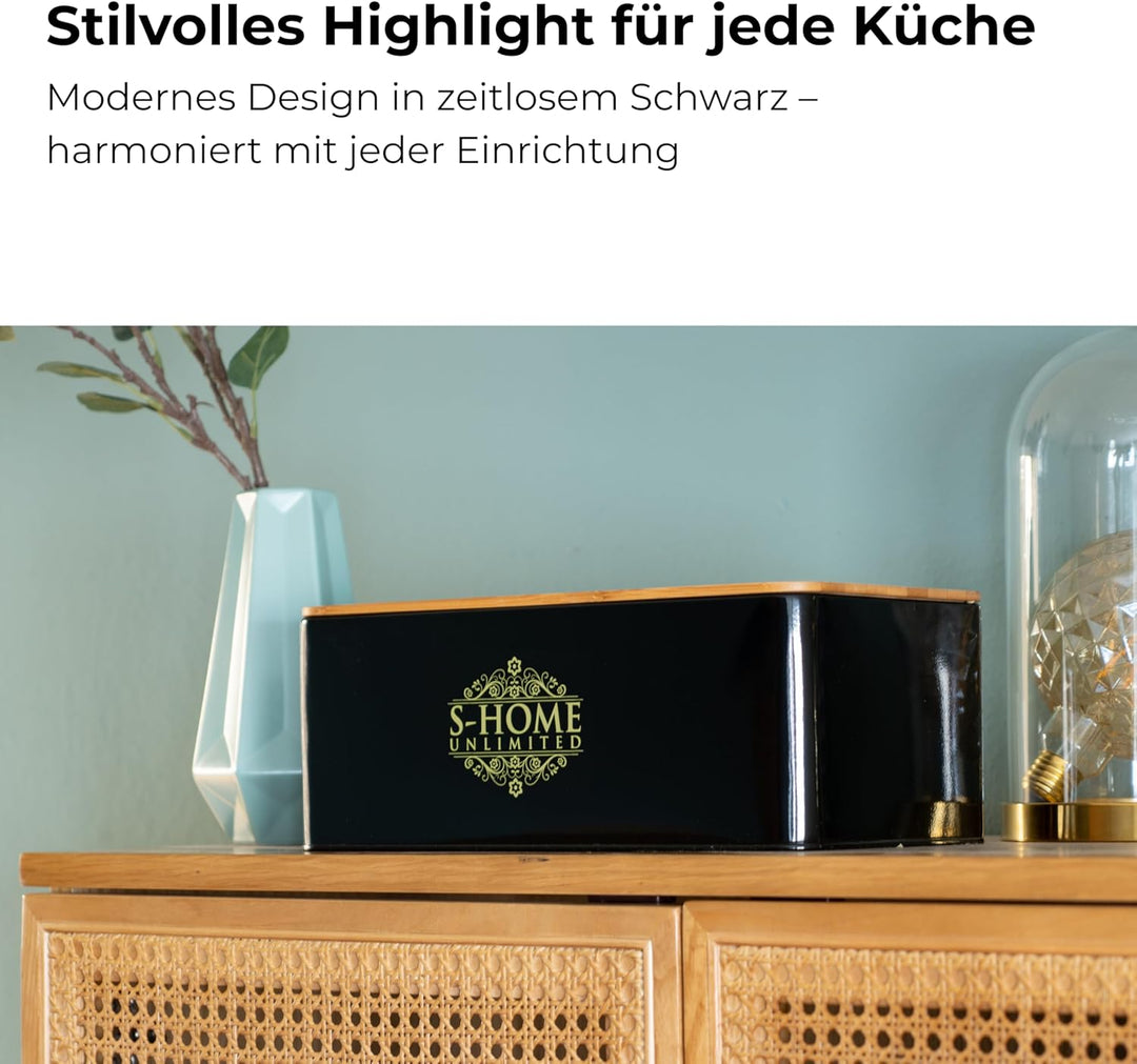 Brotkasten Metall Schwarz mit Bambusdeckel | 2-in-1 Brotbox &amp; Schneidebrett | Belüftete Brotaufbewah
