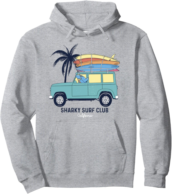 Sharky Surf Club Shark In Surfboard Van Cartoon Pullover Hoodie