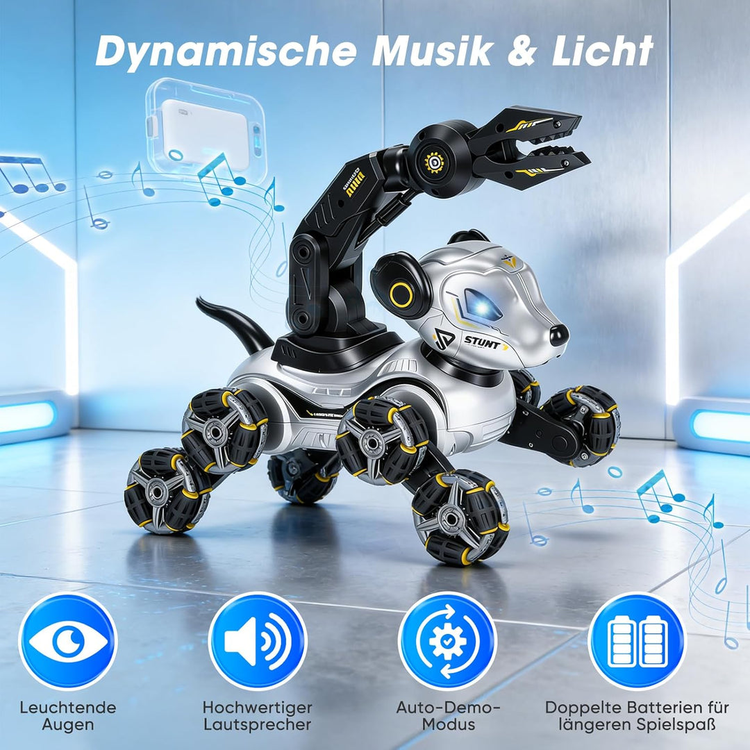 Roboter Hund Kinder – Interaktiver RC Roboterhund mit Gestensteuerung Uhr, Greifarm, 8-Rad Stunts, L