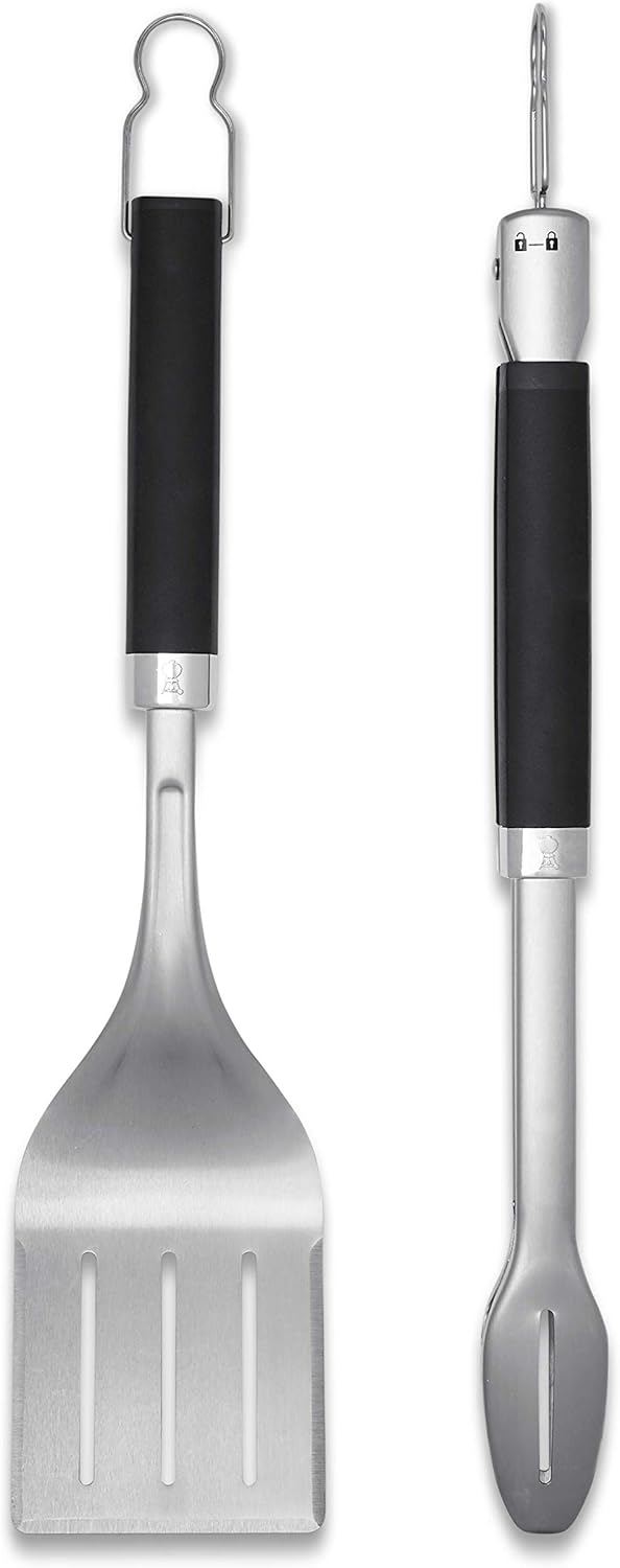 Weber 6763 Precision Grill Tongs & Spatula Set Premium Grillbesteck-2-teilig, Schwarz/Silber & 17688