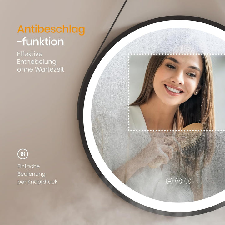 EMKE Runder Badspiegel mit Beleuchtung 70cm, Antibeschlag | Wandspiegel mit 3 Lichtfarbe dimmbar, Sp