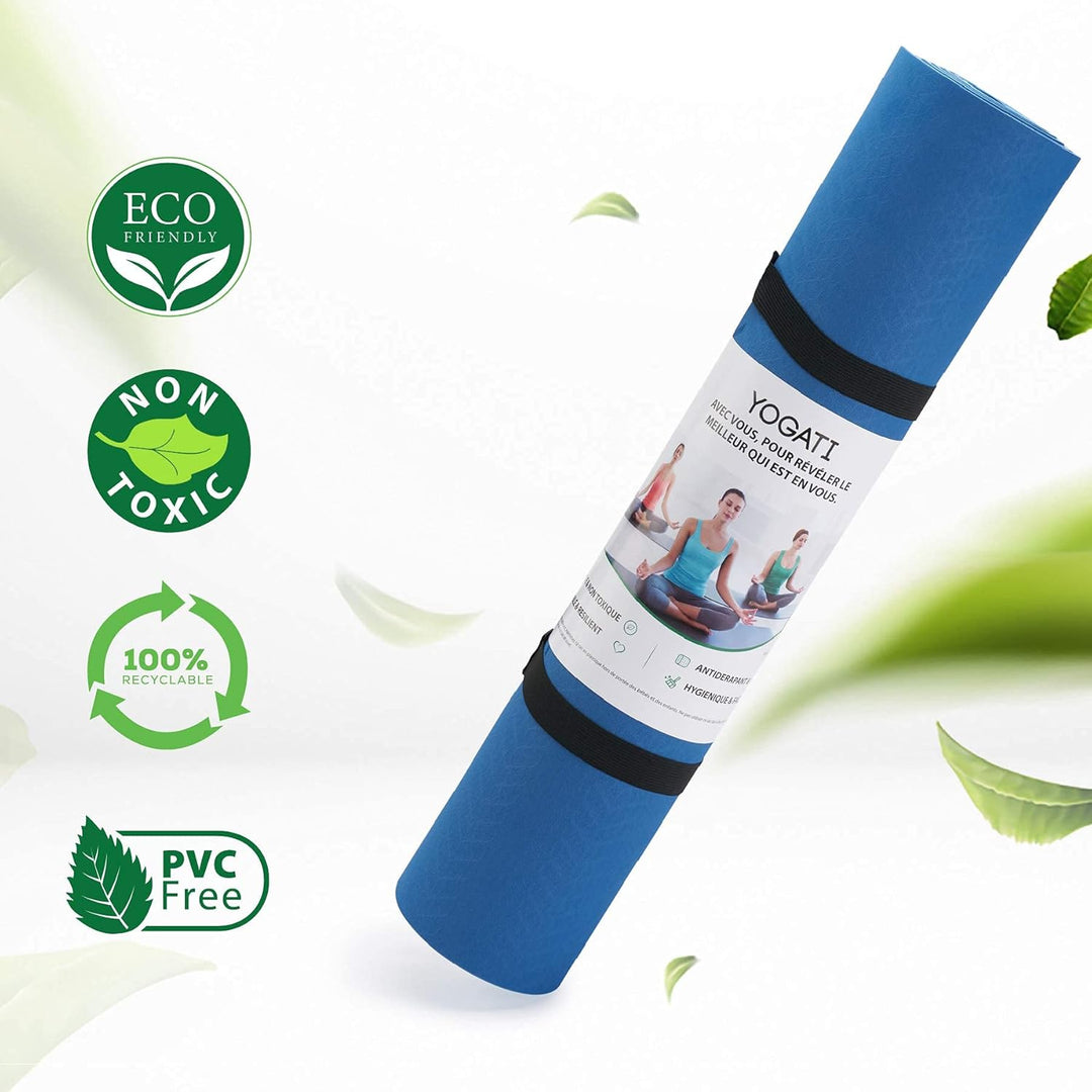YOGATI Yogamatte rutschfest Schadstofffrei, mit Tragegurt. Yoga Matte mit Ausrichtungslinien. Ideal