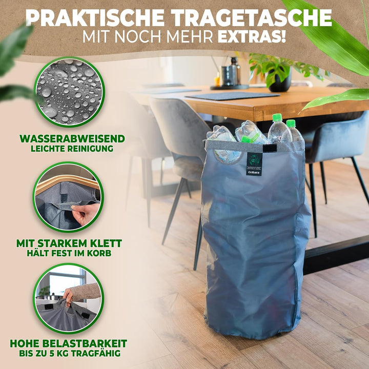 COTTARA® Pfandflaschen Sammelbehälter mit Deckel und Tragetasche | Pfandbehälter mit Loch drehbar |