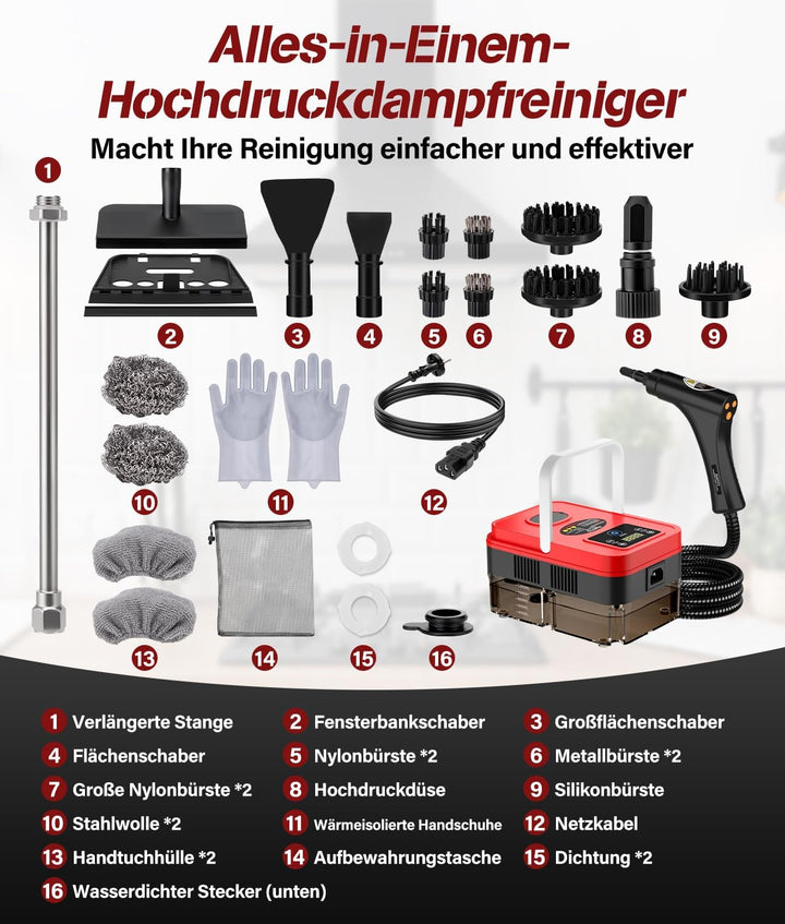 Dampfreiniger multifunktional für den Heimgebrauch, 1200 ml Wassertank, LCD-Display und verstellbare