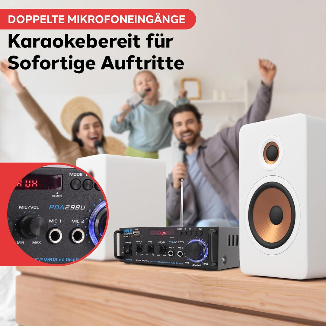 Pyle Bluetooth Verstärker, 200W – 2 Kanal Amplifier mit USB/SD/FM, Mikrofon & RCA, HiFi-Verstärker m
