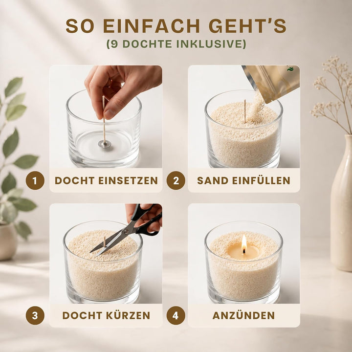 Duftkerzensand Set – mit Duft & Dochten (9 Stk.) – ohne Paraffin – aus Pflanzenwachs – einfache Anwe