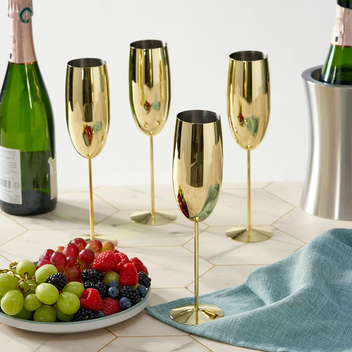 Oak & Steel - 4 Edelstahl Sektgläser Geschenkset, Champagner & Prosecco Gläser (285ml) - Gold - Robu