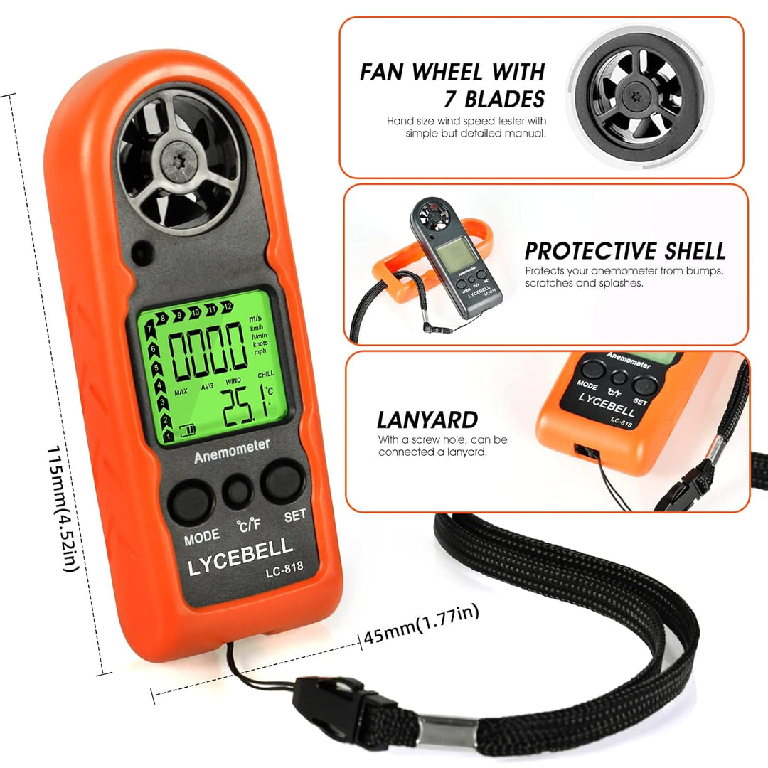 LYCEBELL Handheld Windmesser, LC-818 Digital Anemometer Windmessgerät Messen von Windgeschwindigkeit