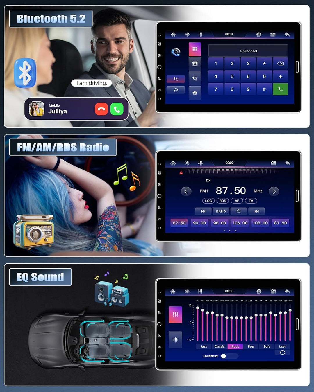 CAMECHO Autoradio 1 Din mit 10.1 Zoll Wireless A-pple Carplay Android Auto mit Rückfahrkamera, Bilds