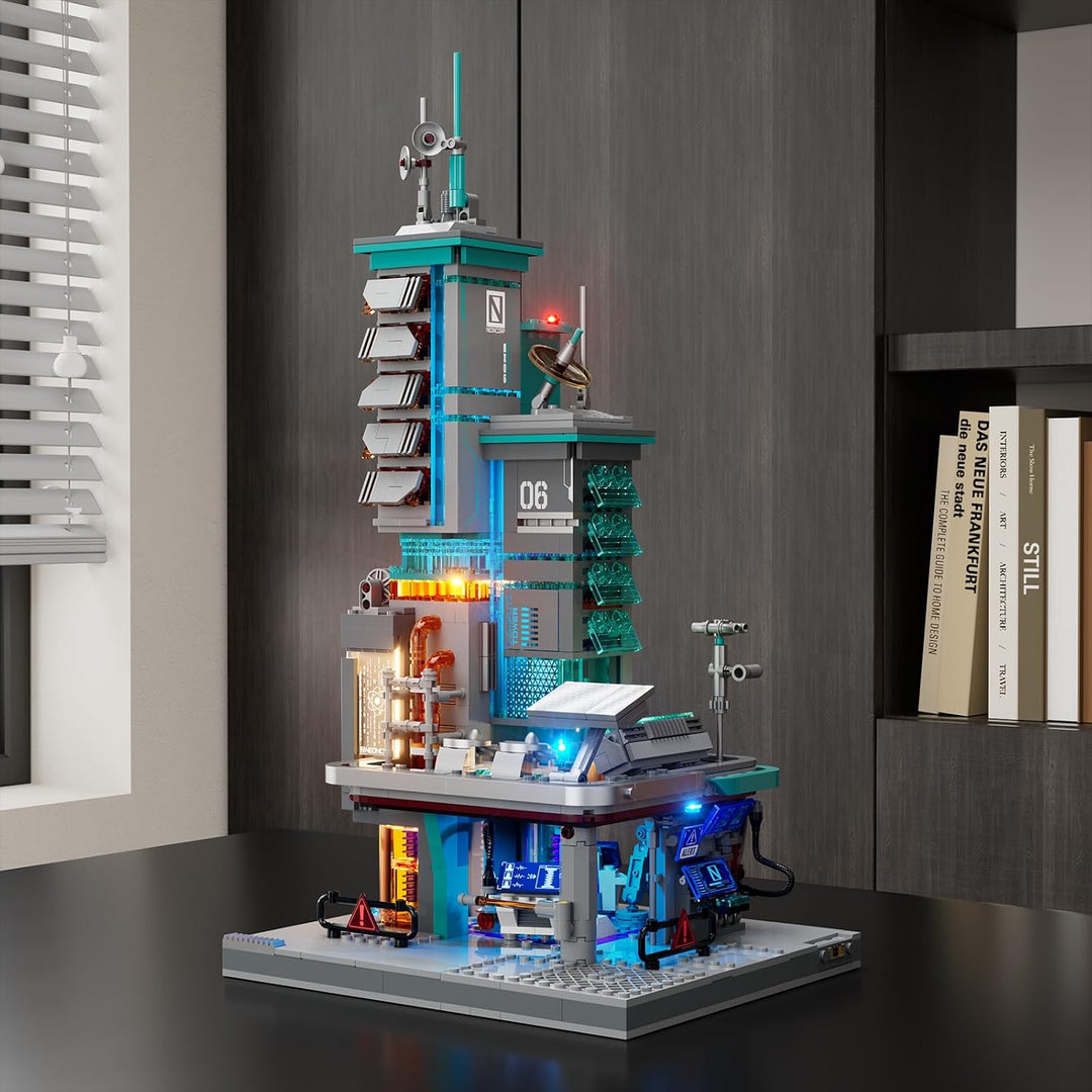 Lumibricks Neon Tech Station Beleuchtetes Klemmbaustein-Set, 1282 Teile Cyberpunk Hochhaus mit LED-L