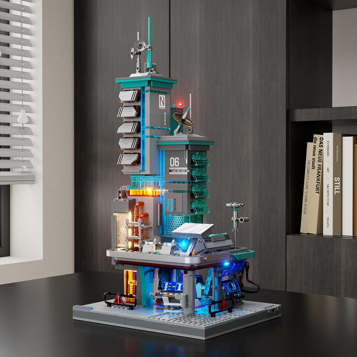 Lumibricks Neon Tech Station Beleuchtetes Klemmbaustein-Set, 1282 Teile Cyberpunk Hochhaus mit LED-L