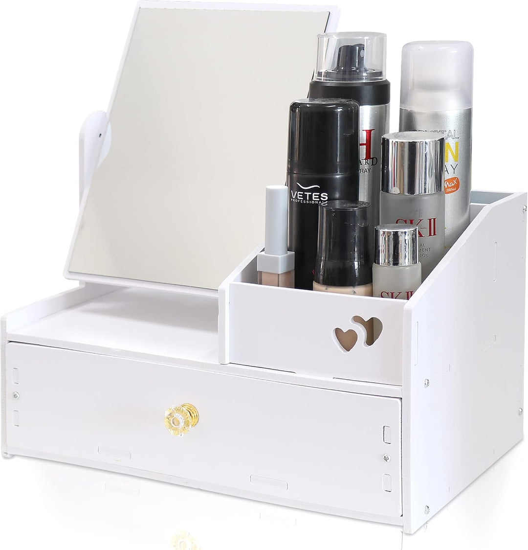 LEcylankEr Cosmetic Organizer, Schminktisch Organizer mit Spiegel, White Desktop Kosmetik Organizer,