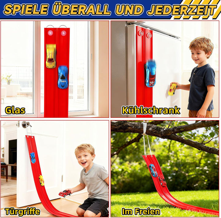 Flexible Rennbahn Kinder 5M, Autorennbahn für Kinder mit 4 Autos, Aufbewahrungstasche, Katapult, Ren
