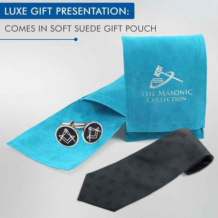 THE MASONIC COLLECTION - Schwarze Freimaurer-Krawatte und Manschettenknöpfe – 100 % Polygewebt mit Q