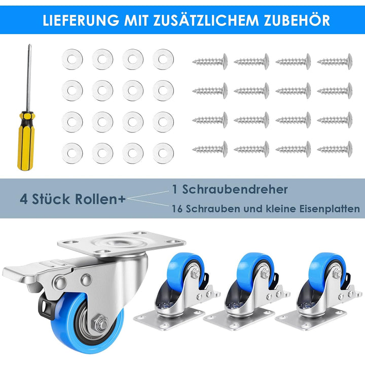 Asibaade 4PCS Lenkrollen 50mm Transportrollen Möbelrollen mit Bremsem 360° Drehung bis 200KG Tragbar