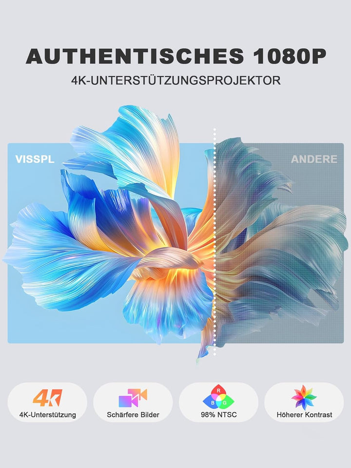 Smart Mini Beamer 4k [Offiziell Lizenzierter APP ] VISSPL 3000ANSI 4K Heimkino & Outdoor Beamer, Aut