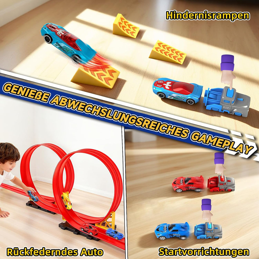 Flexible Rennbahn Kinder 5M, Autorennbahn für Kinder mit 4 Autos, Aufbewahrungstasche, Katapult, Ren