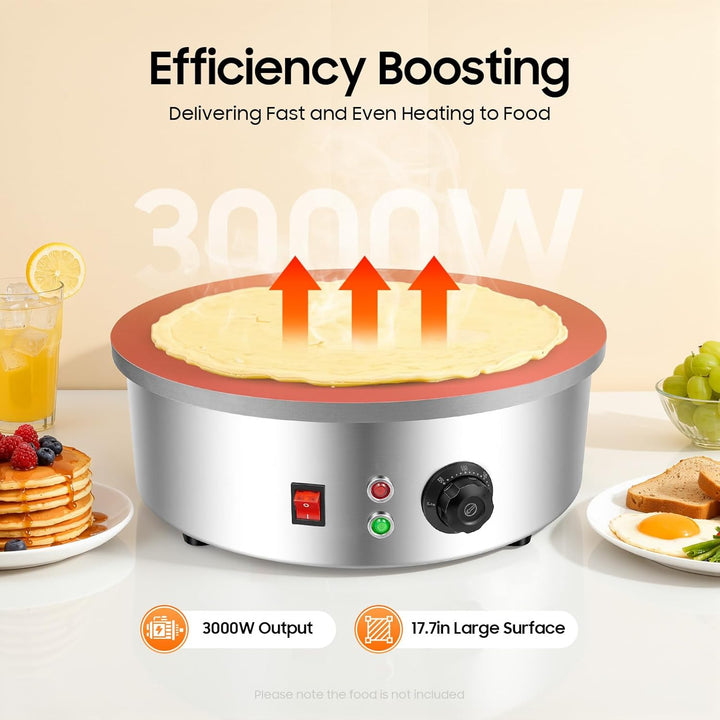 220V 3000W Crepegerät Crêpes Maker mit Spatel und Teigschaber, 45cm Platte Gastro Crepesmaker Profi