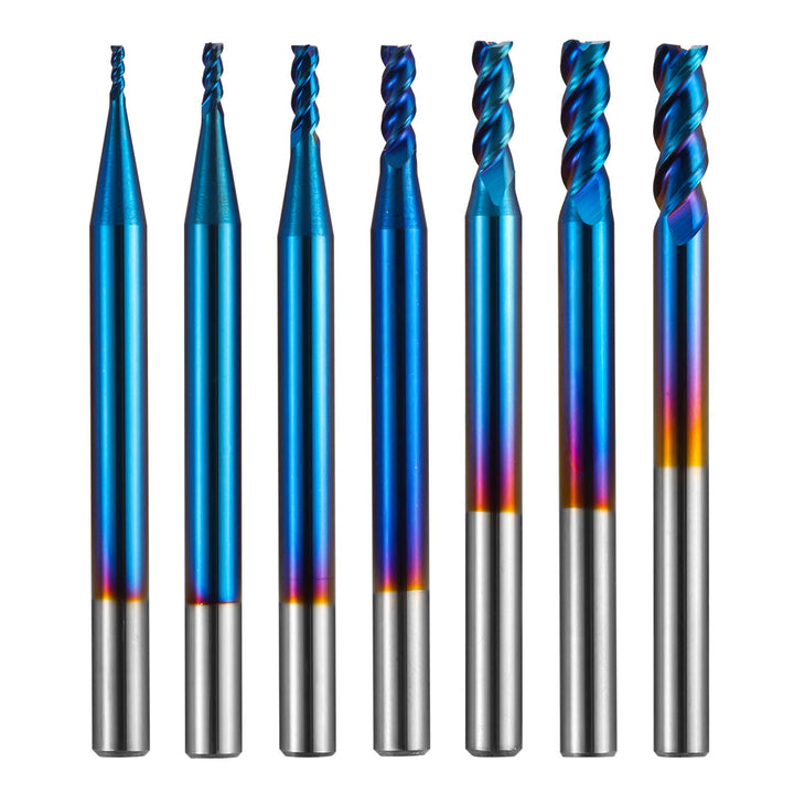 Genmitsu 7 Stücke 3 Flute Schaftfräser für Aluminium, Nano Blue Beschichtung CNC-Fräser-Bits, hohe V