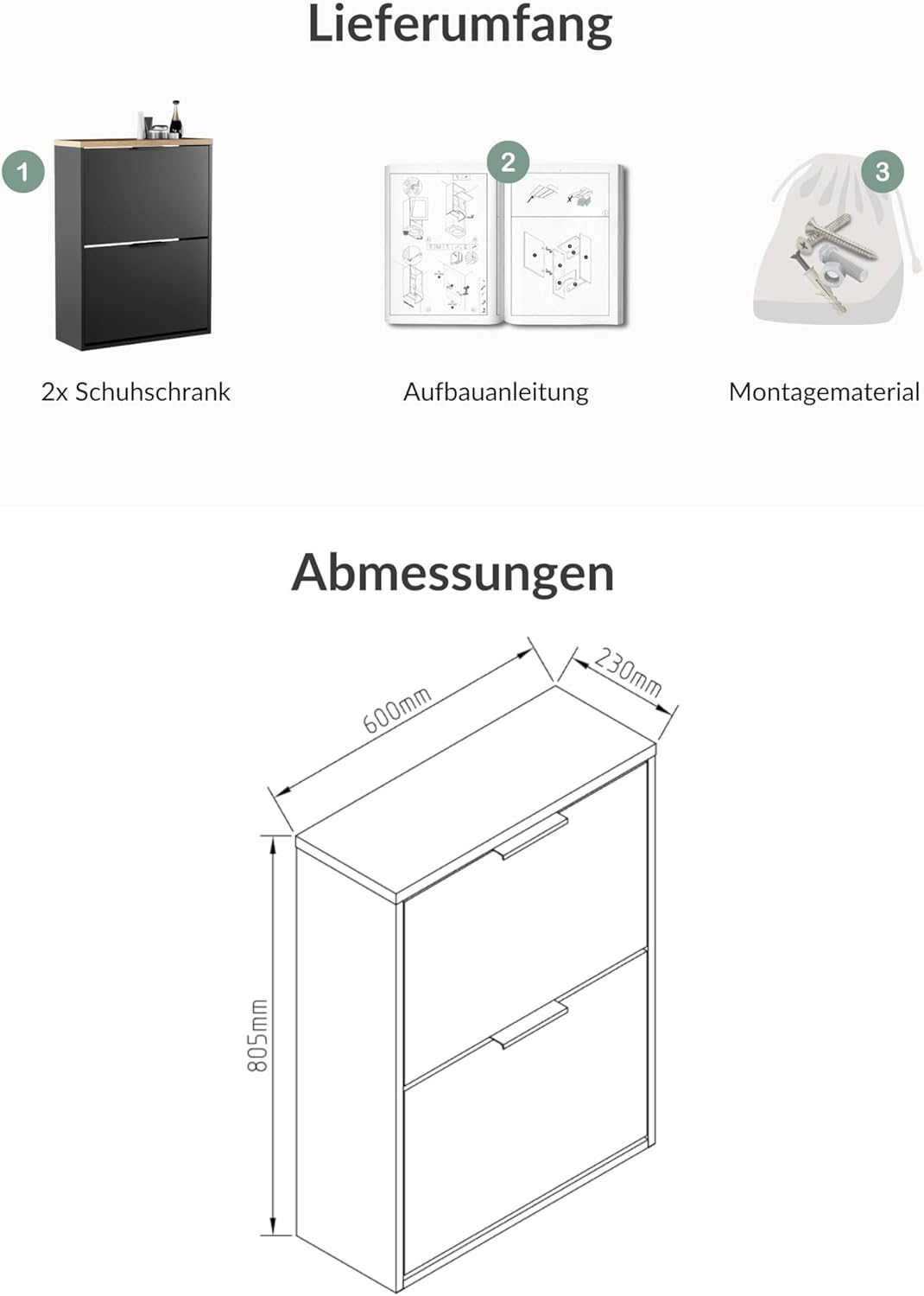 Planetmöbel 2 x Schuhschrank schmal mit 2 Klappen platzsparender Schuhregal mit 4 Ablagen, Schuhkomm