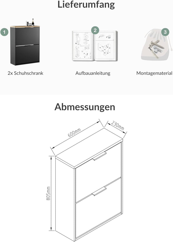 Planetmöbel 2 x Schuhschrank schmal mit 2 Klappen platzsparender Schuhregal mit 4 Ablagen, Schuhkomm