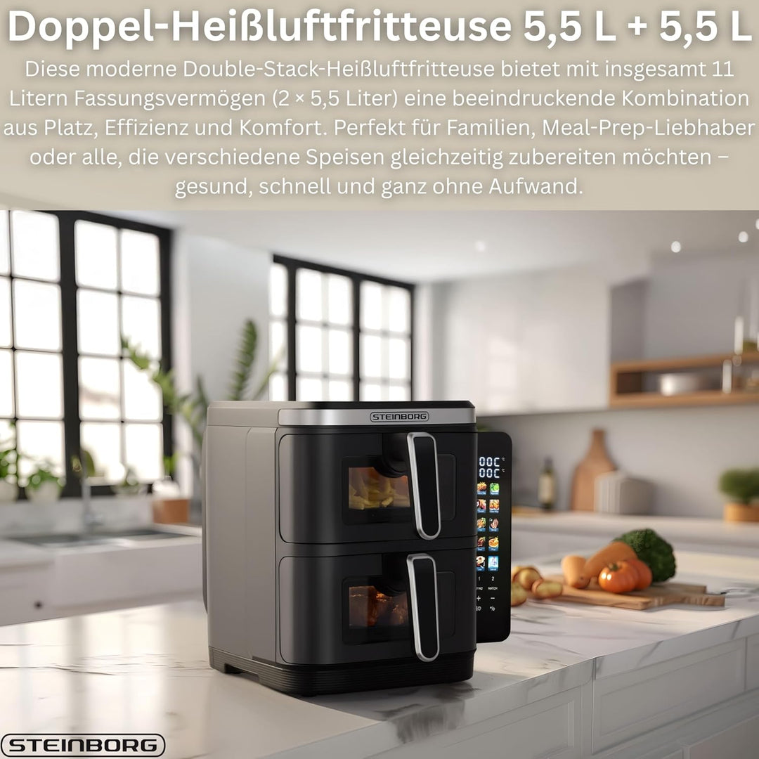 Steinborg® Heissluftfritteuse Doppelkammer 11 Liter Heissluft-Frittieren Heissluftfritteuse 2 vertik