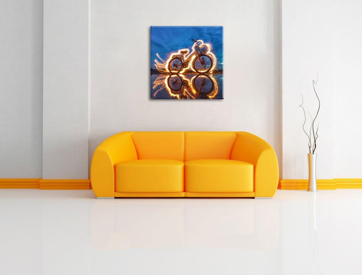 Pixxprint Burning Bike brennendes Fahrrad 70x70cm Leinwandbild Wandbild Kunstdruck, 70x70