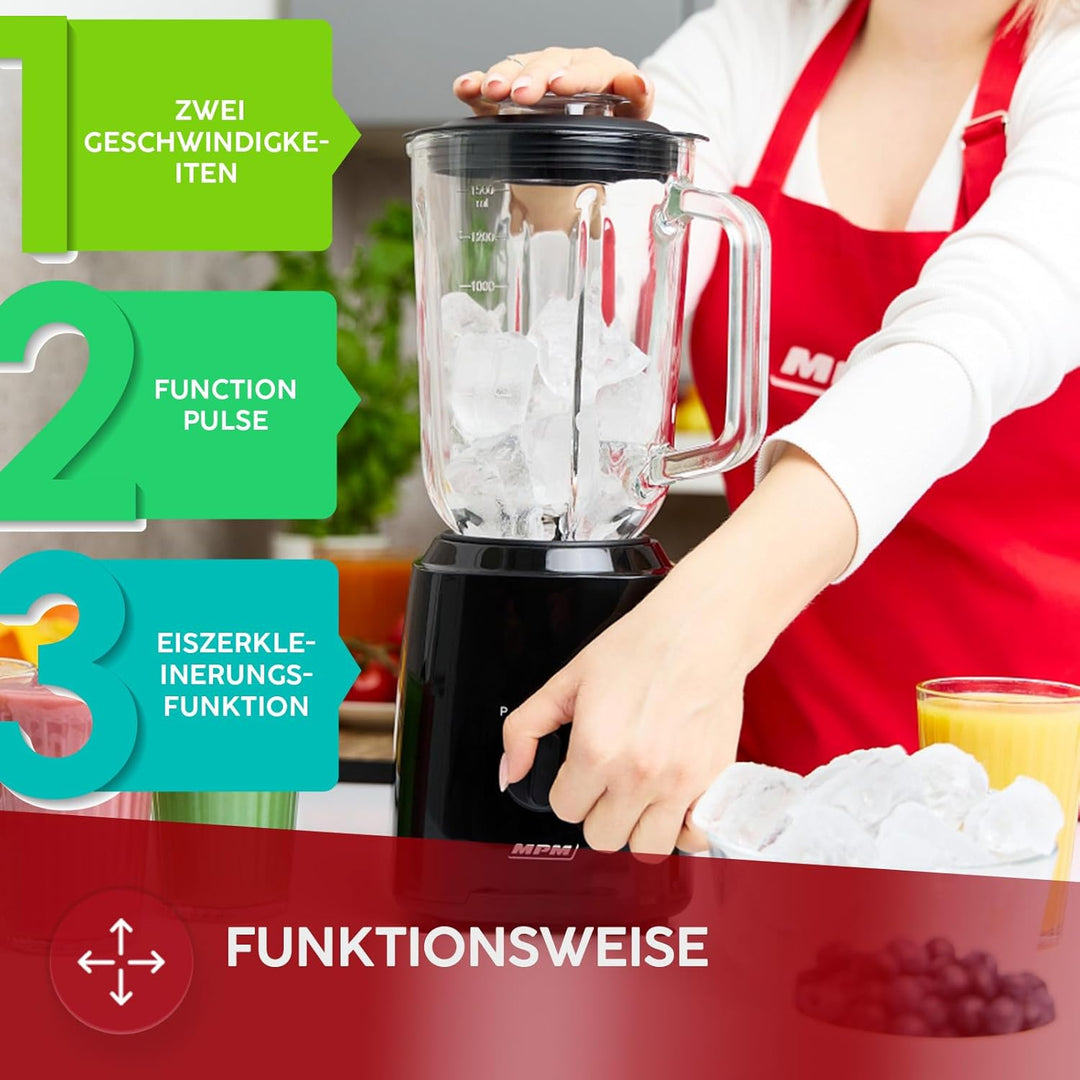 MPM Standmixer MBL-37 - Mixer Küche mit Glasbehälter 1,5L - Starker Mixer mit Edelstahlmessern 750W