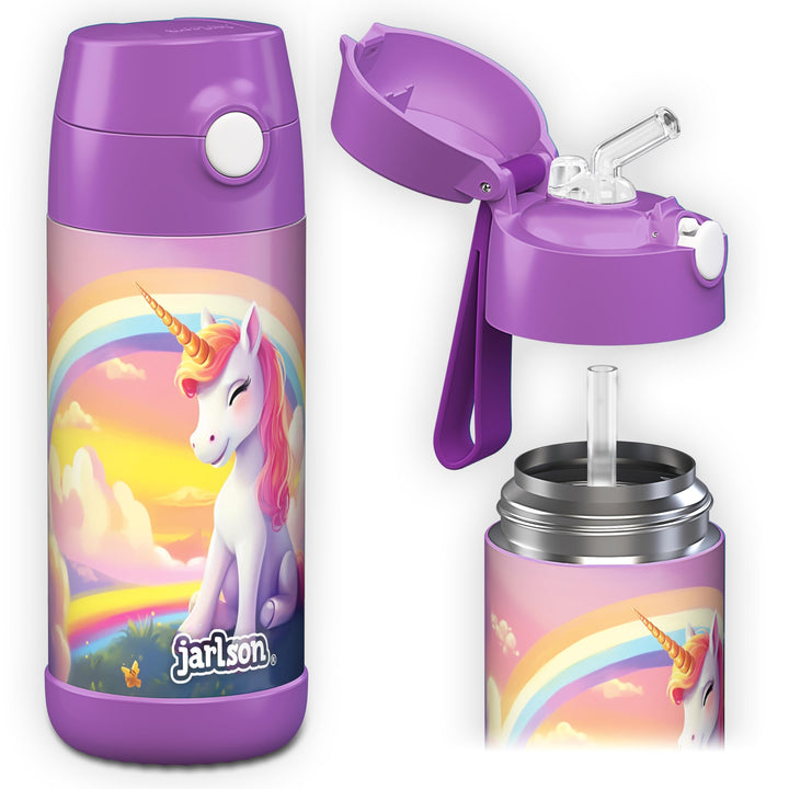 JARLSON® Trinkflasche Kinder Edelstahl "CHARLI" mit Strohhalm - Thermosflasche 350ml - TÜV geprüft -