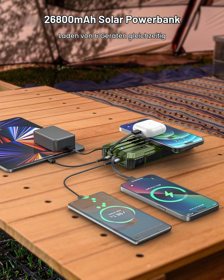 Solar Powerbank, 26800 mAh Tragbares Ladegerät mit 4 Integrierten Kabeln, Solar-Akkuladegerät mit US