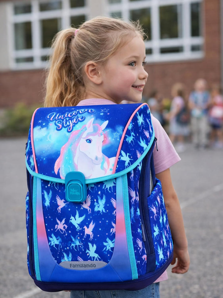 Familando - Premium Schulranzen Set - 9-teilig mit Lunch-Set - Unicorn (Einhorn) - Ergonomisch, stab