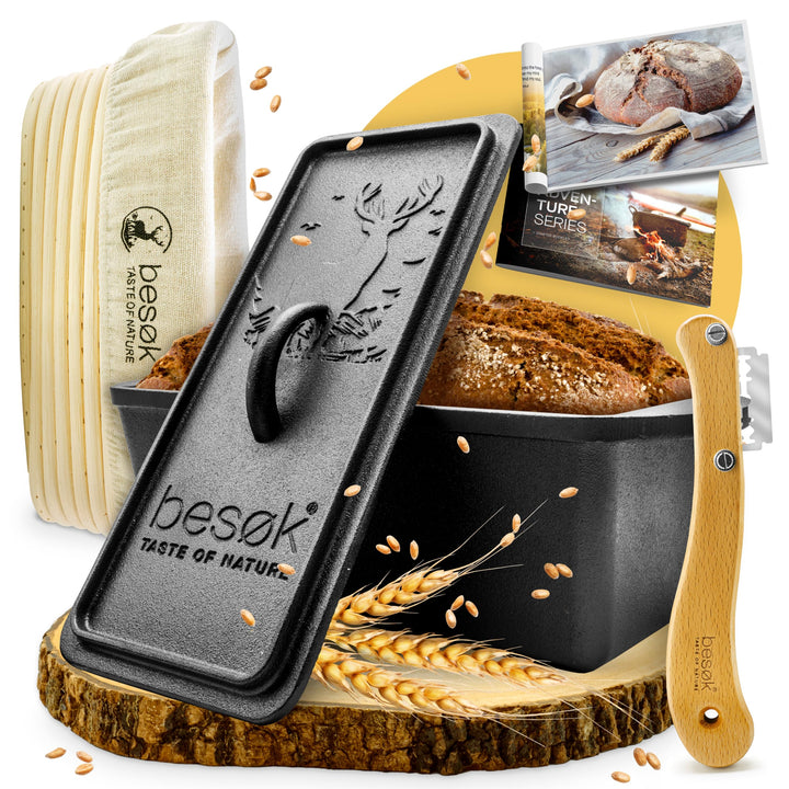 besok Brotbackform mit Deckel, Gärkorb & Teigmesser - Gusseisen Backform Brot backen Zubehör - Kaste