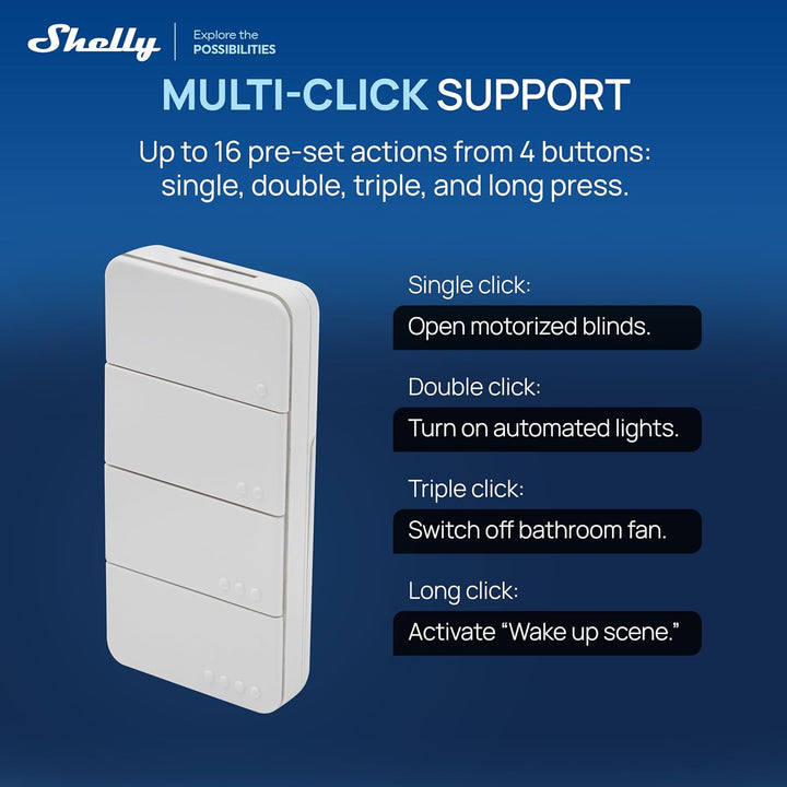 Shelly BLU RC Button 4 ZB - Bluetooth & Zigbee Smart Fernbedienung mit vier Tasten, Mehrfachklicks,