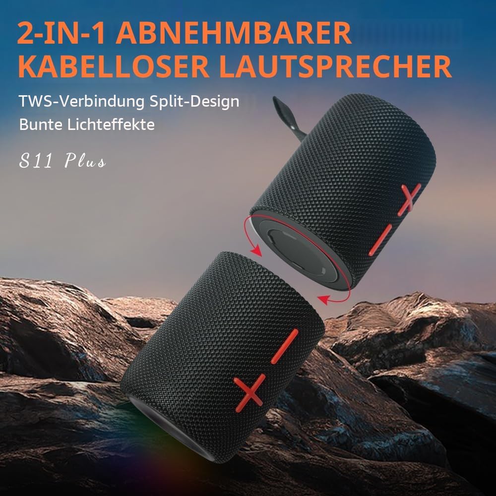 CYBORIS 2-in-1 Tragbarer 40W Dual Bluetooth Lautsprecher, Wasserdichter Musikbox V5.3 mit Tiefem Bas