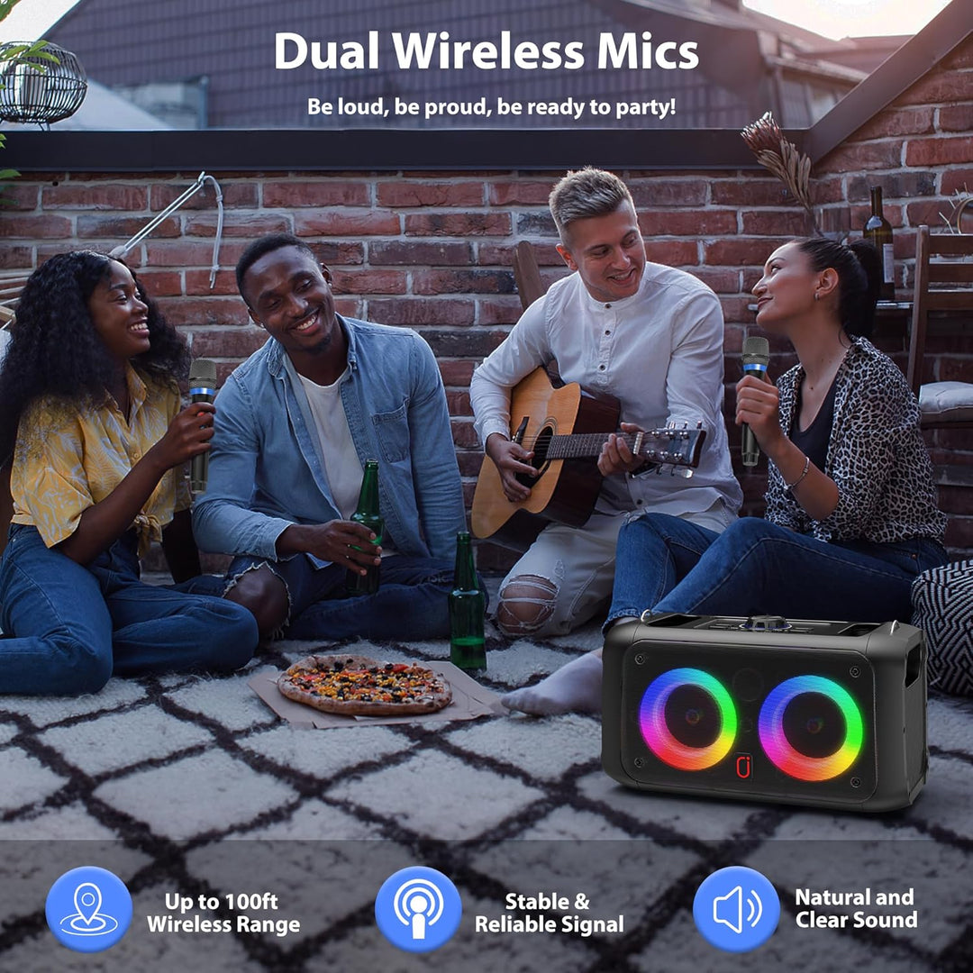 JYX Karaoke Anlage mit 2 Mikrofonen, Bluetooth Lautsprecher mit Licht, Tragbare Karaoke Maschine mit