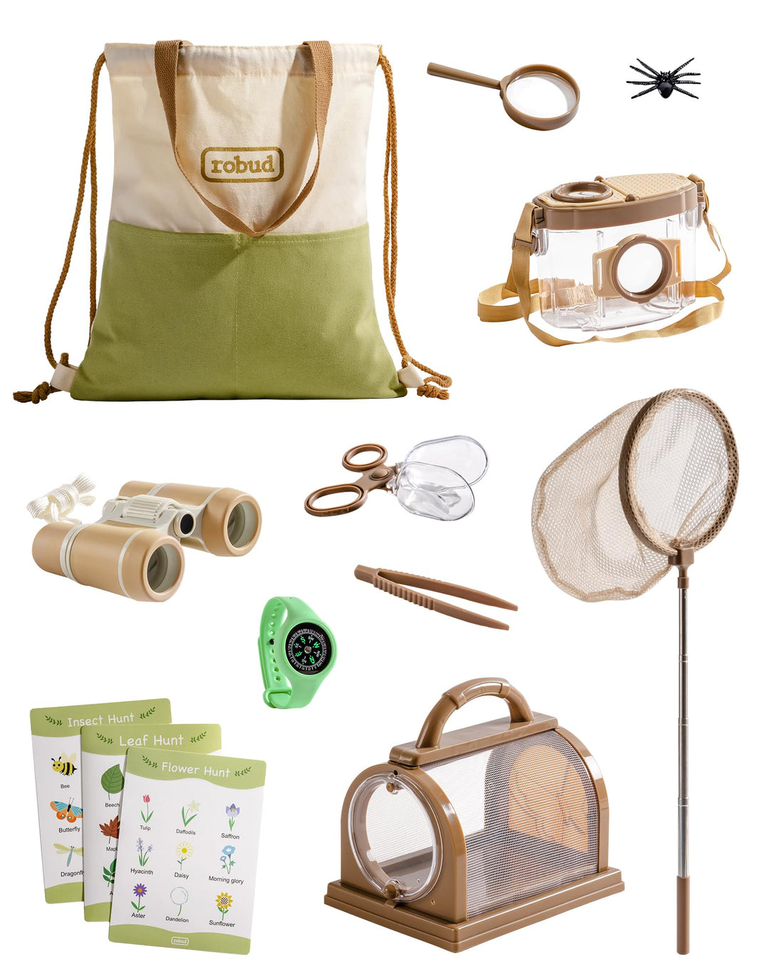 ROBUD Kids Outdoor Explorer Kit, Käferfang-Abenteuer-Sets mit Schmetterlingsnetzen, Lupen, Käferbehä
