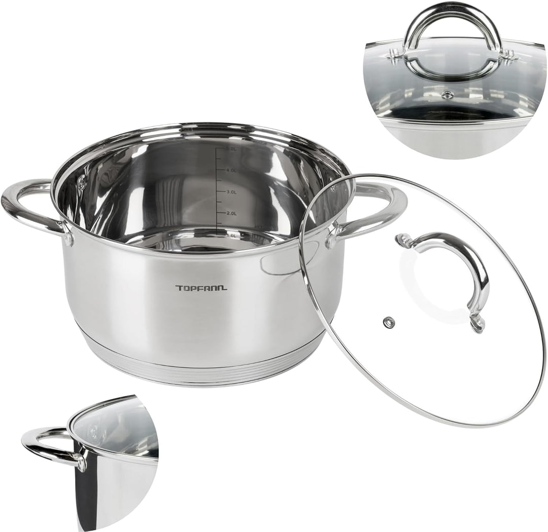 Edelstahl Kochtopf 20cm mit Glasdeckel Topf Suppentopf Universaltopf Induktion 3L