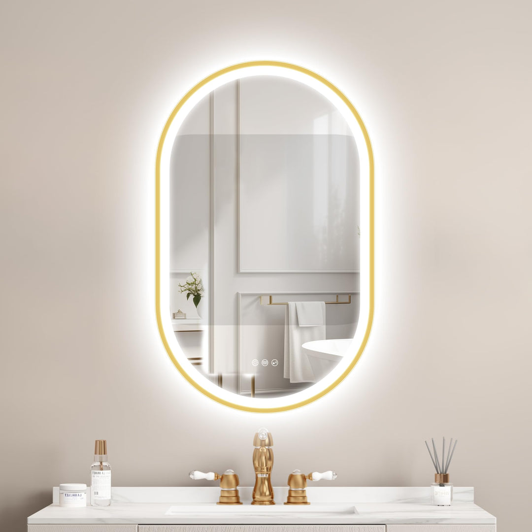 STARLEAD Gold Oval-LED-Badspiegel-mit-Beleuchtung 80x50cm, Bluetooth, Dimmbar, 3 Lichtfarben, Entfog