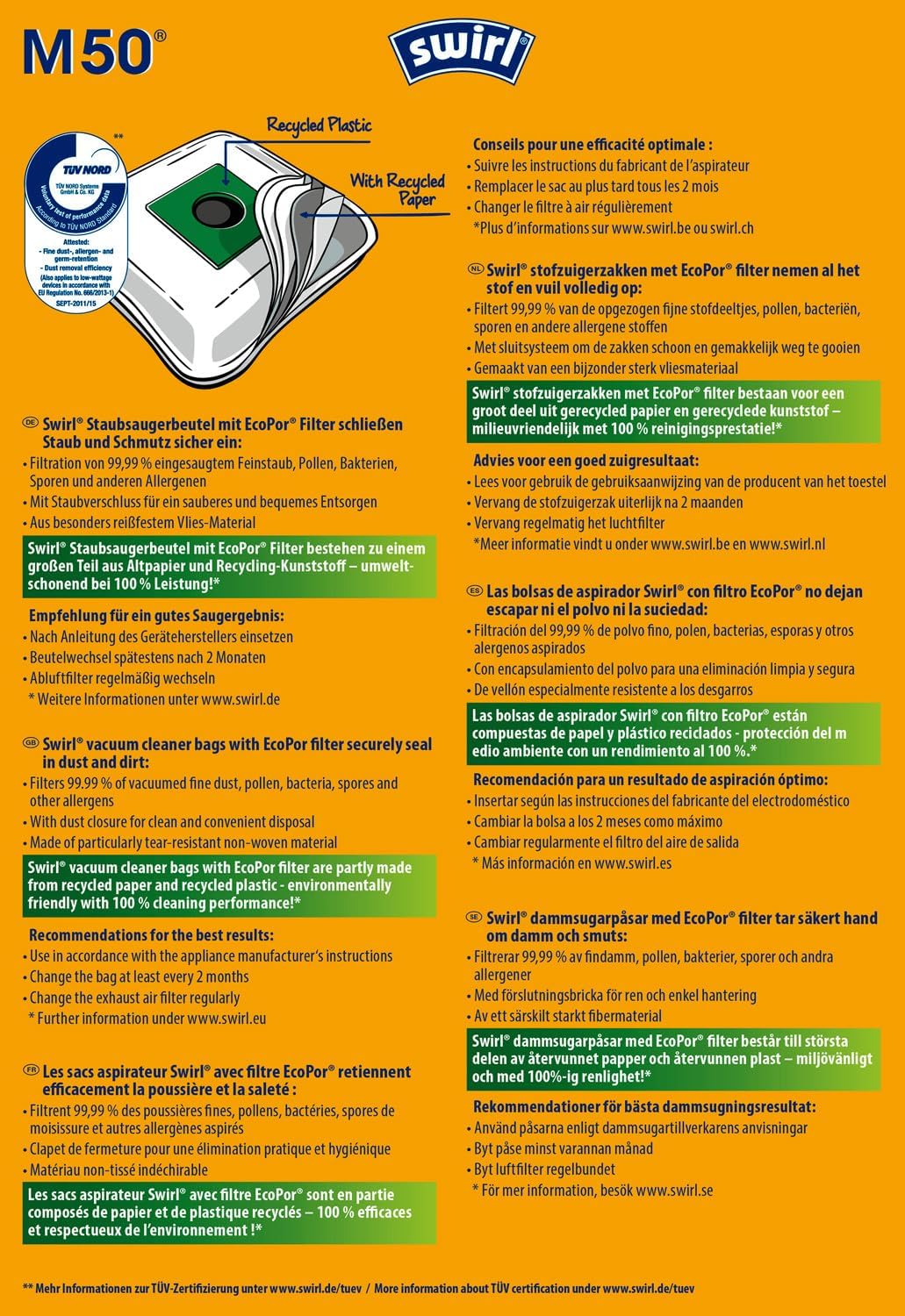 M50 EcoPor Staubsaugerbeutel,10 Beutel 10 Pack Staubsaugerbeutel