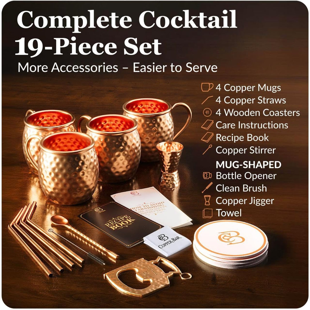 Copper-Bar Moscow Mule Kupferbecher – Set von 4 – 100 % handgefertigten, reinen massiven Kupferbeche
