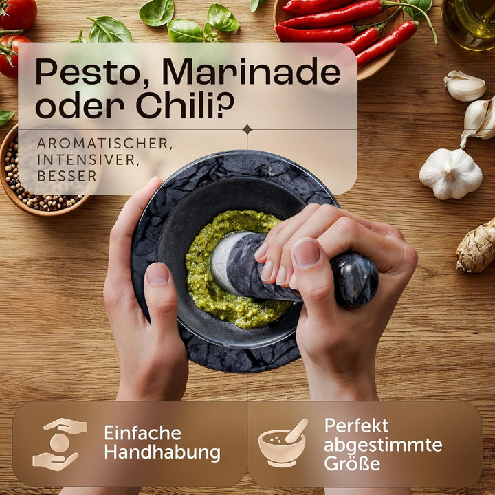 madeco - Edler Marmor Mörser mit Stössel Ø 14 cm - Perfekt geeignet für Gewürze, Kräuter &amp; Nüsse - S