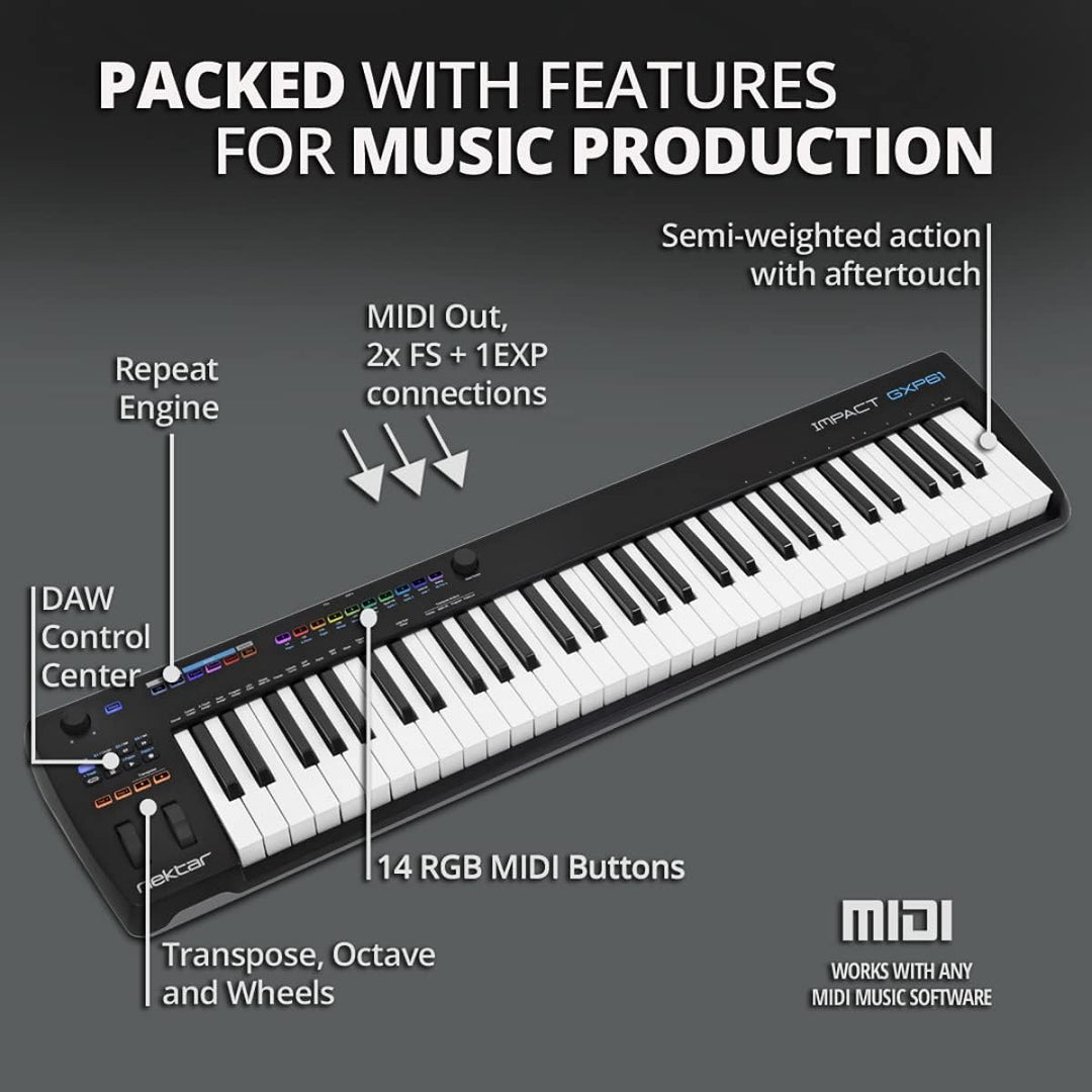 Nektar Impact GXP61 | USB MIDI Controller Keyboard with Nektar DAW Integration 61 Keys, 61 Keys