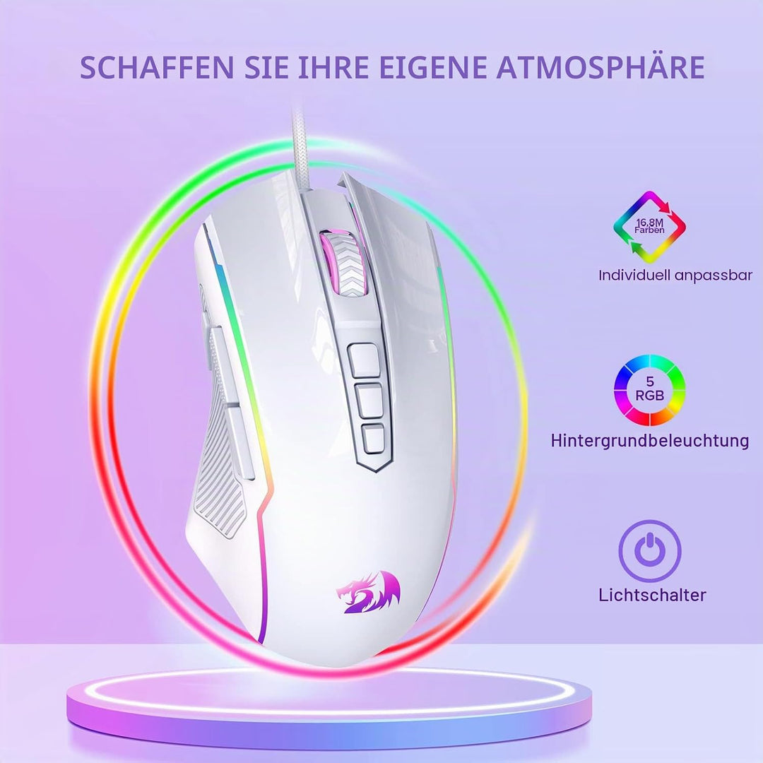 Redragon Gaming Maus, Gaming Mouse mit RGB und Einstellbar 8000 DPI, Maus mit 9 programmierbare Tast